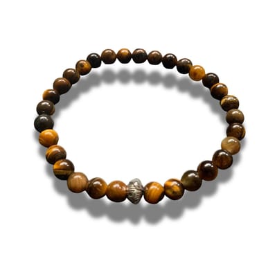 Armband - natuursteen - Tijgeroog - 6 mm - 19 cm - zilverkleurig element lotusbloem