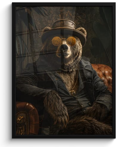 Poster in lijst - Fotolijst 50x70 cm - Posters - Beer - Bruin - Pak - Hoed - Posterlijst zwart - Decoratie - Wanddecoratie woonkamer - Muurdecoratie slaapkamer