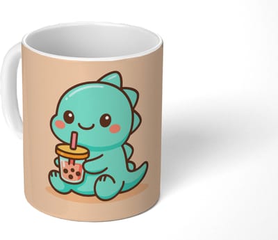 Mok - Koffiemok - Dino - Boba - kawaii - Oranje - Mokken - 350 ML - Beker - Koffiemokken - Theemok