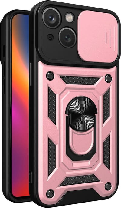 Hoesje geschikt voor iPhone 15 met Ringhouder en Camera schuifje - Arara backcover - Rosegoud