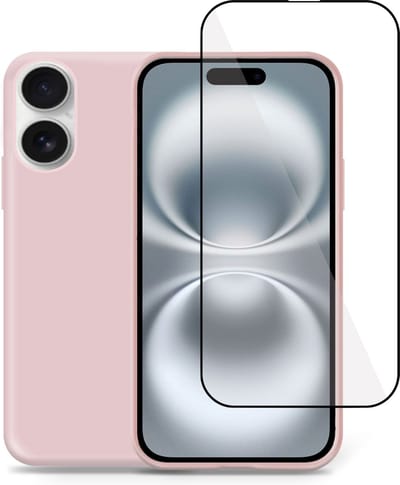 Hoesje + Screenprotector geschikt voor Apple iPhone 16 – Full Screen Tempered Glass - Liquid Back Case Cover Rose