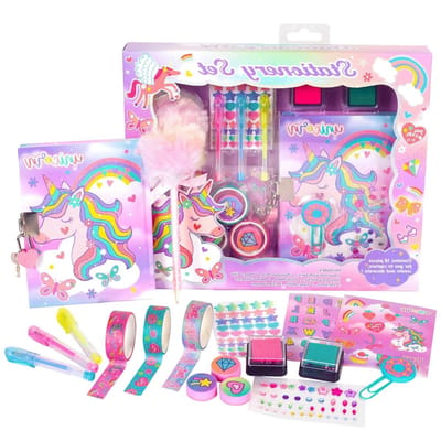 Unicorn dagboek voor meisjes met slot en sleutels, inclusief kantoorartikelen, stempels, stickers en pennen als verjaardagscadeau voor kinderen