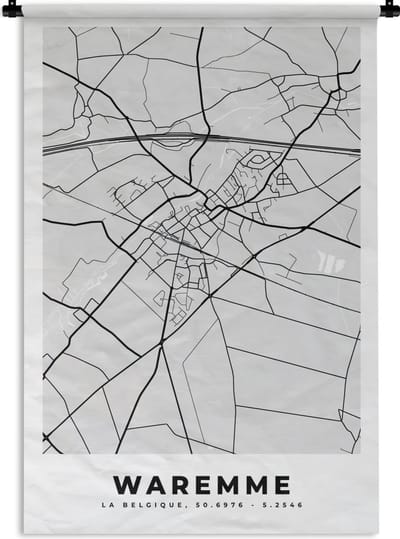 Wandkleed - Wanddoek - Stadskaart – Zwart Wit - Kaart – Waremme – België – Plattegrond - 120x180 cm - Wandtapijt