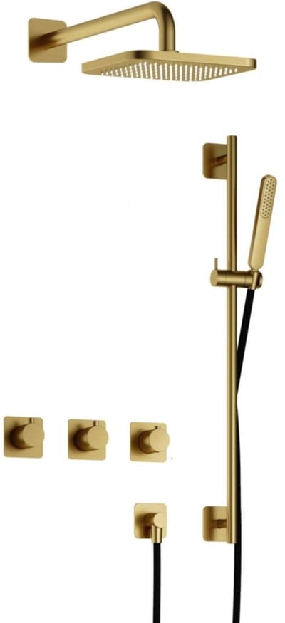 Hotbath Gal - Inbouw Regendoucheset - Geborsteld Messing PVD - 2 Stopkranen - Thermostatisch - Wandarm 35 cm - Hoofddouche 220 mm - Staafhanddouche - Glijstang 900 mm - V01