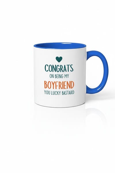Grappige Mok Vriend - "Congrats on Being My Boyfriend You Lucky Bastard" - Cadeau Vriendje Humor - Blauw Wit