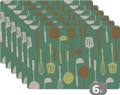 Placemat - Placemats kunststof - Spatel - Lepel - Patronen - Keuken - 45x30 cm - 6 stuks - Hittebestendig - Anti-Slip - Onderlegger - Afneembaar