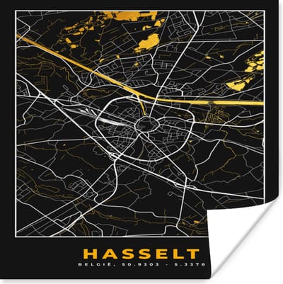 Poster Plattegrond - Hasselt - Kaart - Stadskaart - Goud - 100x100 cm XXL