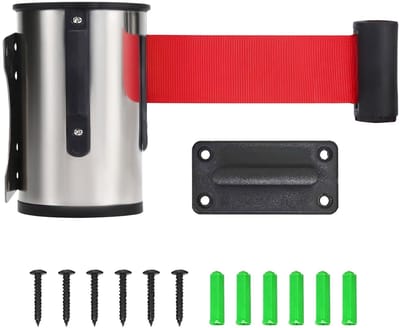 Dailygoods- Wachtbarrière 5 m - Intrekbare Barrière - Roestvrij Staal - Wandbeveiliging - Veiligheidshek - Inclusief Schroeven/Plastic Inzetstukken - Afzetlint
