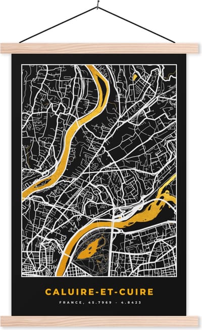Posterhanger incl. Poster 40x60 cm - Schoolplaat - Kaart – Stadskaart – Frankrijk – Caluire-er-Cuire - Plattegrond - Textielposter - Blanke latten - Stadskaart