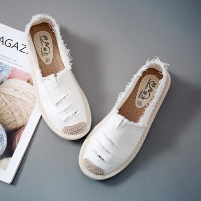 Mocassins paresseux en toile pour femmes, chaussures plates à enfiler, Espadrilles respirantes, chaussures de printemps et d'automne 42 blanc