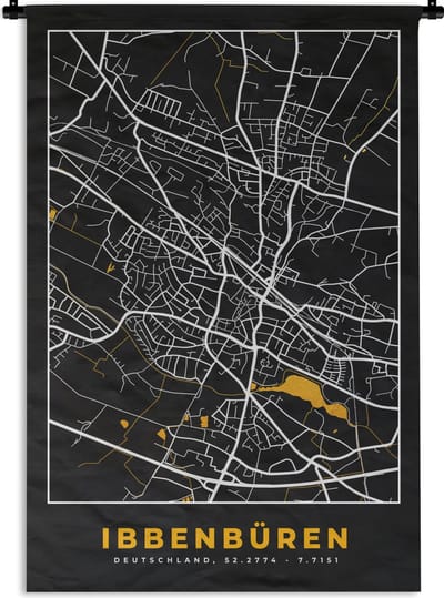 Wandkleed - Wanddoek - Stadskaart – Kaart – Ibbenbüren – Gold – Duitsland – Plattegrond - 120x180 cm - Wandtapijt