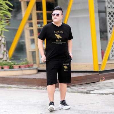 Dikke Man Grote Maten Grote Maten Bronskleurig Casual Korte Mouwen Pak Dikke Man Oversized Halve Mouwen Sport Twee Delig Pak Dun 5XL zwart