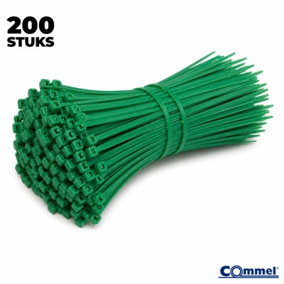 200x Commel Gekleurde Kabelbinders - 200 x 3.5 mm - Groen - Nylon - Treksterkte 18kg