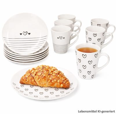 12-delig ontbijset CUPID (Hart met streepjesdesign) zwart-wit harten & strepen voor 6 personen van porselein – 24310158 & 24310166