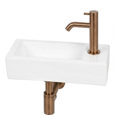Saqu Trento fonteinset glans wit keramiek incl. geborsteld koperen kraan rechts