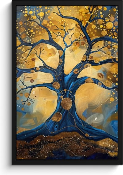Poster in lijst - Fotolijst 40x60 cm - Posters - Boom - Levensboom - Blauw - Goud - Posterlijst zwart - Decoratie - Wanddecoratie woonkamer - Muurdecoratie slaapkamer