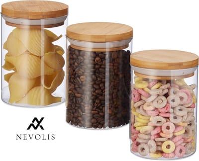 Nevolis Voorraadpotten Glas 3 Stuks Pasta Rijst Muesli Koffiebonen 600 Ml HxD: 14x9.5 Cm Bamboe Natuur .
