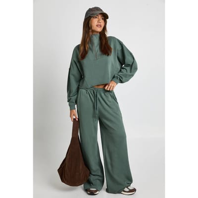 boohoo Dames Gewassen halfrits en rechte pijp jogger-tracksuit | Groente | Maat: XS