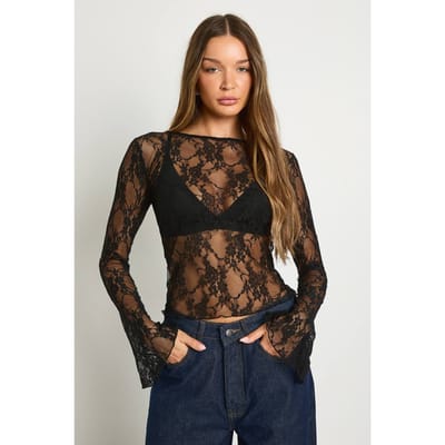 boohoo Dames Kanten top met bootkraag en wijd uitlopende mouwen | Zwart | Maat: 34