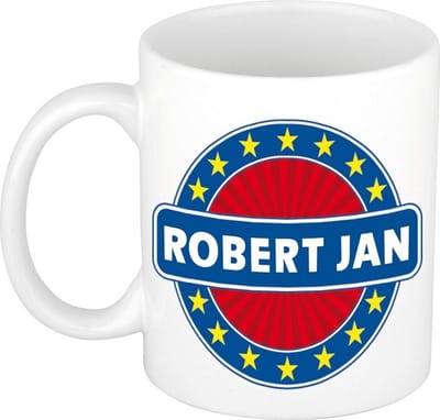 Bellatio Decorations - Robert Jan voornaam - koffiemok - beker - wit/blauw - 300 ml - Cadeau - Heren - Collega - Vaderdag - Verjaardag
