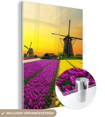 MuchoWow® Glasschilderij 30x40 cm - Schilderij acrylglas - Windmolen - Tulpen - Bloemen - Lente - Foto op glas - Schilderijen