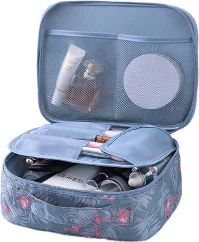 Compacte toilettas met 2 lagen - Handige Make Up Tasje - Waterdicht - Blauw Flamingo
