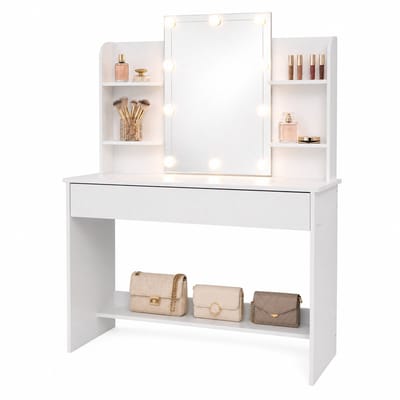 Make Up Tafel XL – Kaptafel met Spiegel en Verlichting – Hollywood Spiegel met 10 LED Lampen, 3 Lichtstanden en Dimbaar – Lade met 3 Vakken en 4 Open Vakken – 108 x 40 x 141 cm – Wit – Monza Home