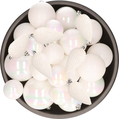 Kerstballen en dennenappels ornamenten - 32x st - parelmoer wit - kunststof - 6, 8 en 10 cm