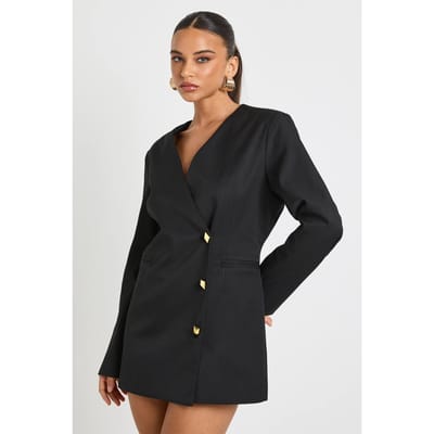 boohoo Dames Gouden Knop Getailleerde Diepe V-hals Blazer Jurk | Black | Maat: 8