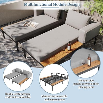 Outdoor Dagbed voor 2 Personen 150x140x30 cm met Opbergruimte, Waterdichte Dubbele Ligstoel, Deelbaar Ligbed met Zijtafels voor Tuin, Terras en Balkon Rood - Mobili Bella