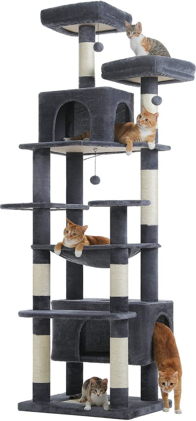 Kattenu MeowMansion XL - Krabpaal voor grote katten - Donkergrijs - Grote krabpaal voor zware katten - 205 cm hoog - Katten krabpaal