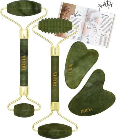 YUBBI Jade Gua Sha Set - Donker Groene Jade Gezichtsroller - Schraper - Gezichtsverzorging - 4 Stuks - Inclusief Instructies