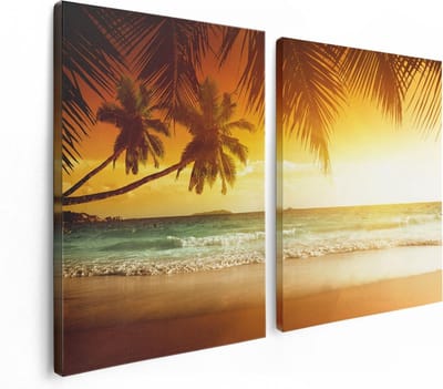 Artaza Canvas Schilderij Tweeluik Tropisch Strand Tijdens Zonsondergang  - 120x80 - Foto Op Canvas - Canvas Print