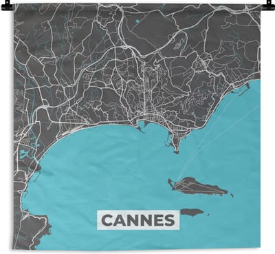 Wandkleed - Wanddoek - Stadskaart - Plattegrond - Cannes - Frankrijk - Kaart - 180x180 cm - Wandtapijt