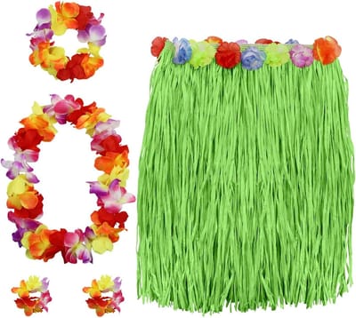 Tropisch Hawaii Kostuumset met Gras Hula Rok en Hibiscus Leis voor Luau Feest, Strand en Zomeractiviteiten