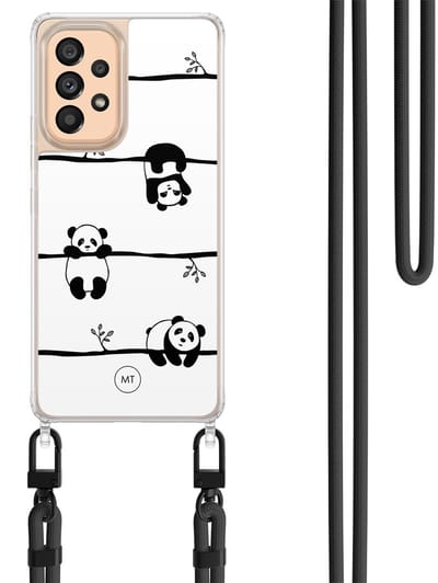 Hoesje met koord geschikt voor Samsung Galaxy A53 - Panda - Inclusief Zwart koord - Crossbody beschermhoes - Transparant, Zwart, Wit - Mooie Telefoonhoesjes
