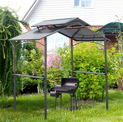 MIVRAY Grillpavillon – Dubbele Geventileerde PC Dakconstructie – 240 x 150 x 250 cm – Staal en Polycarbonaat – Zwart Bruin – Voor Barbecue En Tuinfeesten