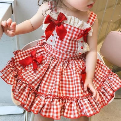 Kinderen Meisjes Geruite Print Jurk Zomerjurk Strik Kant Decoratie Lolita Prinsessenjurk Vierkante Hals Jurk XXL