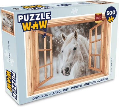 Puzzel Doorkijk - Paard - Wit - Winter - Sneeuw - Dieren - Legpuzzel - Puzzel 500 stukjes