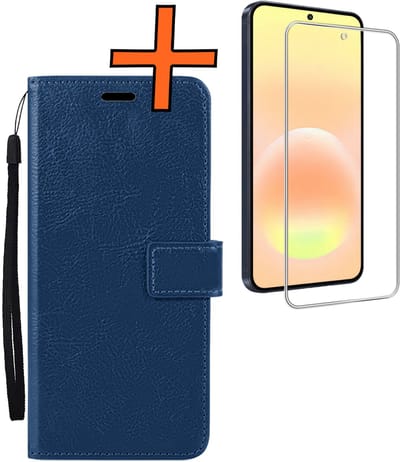 Hoes - Met Screenprotector - Geschikt voor Samsung Galaxy A57 - Luxe Pasjeshouder - Bookcase Portemonee - Flip Case - Kunstleer Book Case - Flipcase - Book Cover - Walletcase - PortemonneeHoes - Donkerblauw
