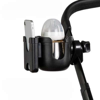 Allernieuwste Universele Bekerhouder PLUS Telefoonhouder Voor Kinderwagen, Buggy en Fiets - Kinderwagen Accessoires - Combi 2-in-1 - ZWART