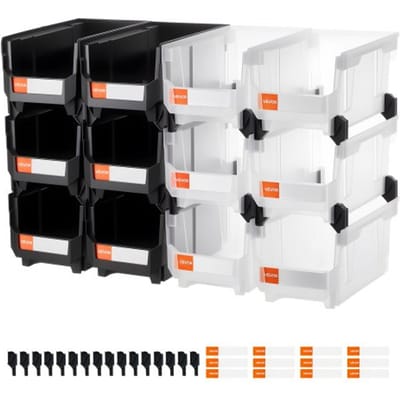 VEVOR stapeldozen, 377 x 215 x 180 mm (12-pack), transparante opbergdozen, stapelbare opbergdoos voor het organiseren en opbergen van kleine onderdelen, kantoorbenodigdheden en andere accessoires, zwart en transparant