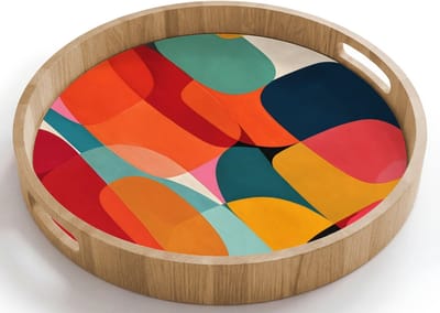 Dienblad rond 40x40 cm - Schootdienblad hout - Vormen - Kleurrijk - Abstract - Vlakken - Borrelplank rechthoek - Plateau houten dienbladen