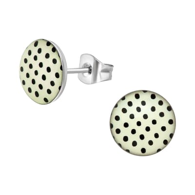 Zilver kleurige stainless steel rondje wit met zwarte polka dots dames oorbellen | chirurgisch staal | hypoallergeen | Zilverana | RVS