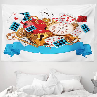 ABAKUHAUS Alice in Wonderland Wandtapijt en Sprei, Fantasiewereld Kaarten Klokken, 230 x 140 cm, Multicolor