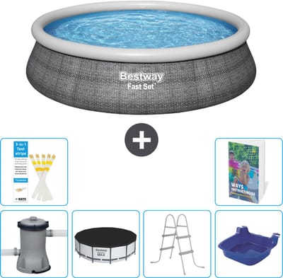 Bestway Rond Opblaasbaar Fast Set Zwembad - Rotanprint - 457 x 84 cm - Inclusief Pomp Afdekzeil - Ladder - Voetenbad - 7-delig