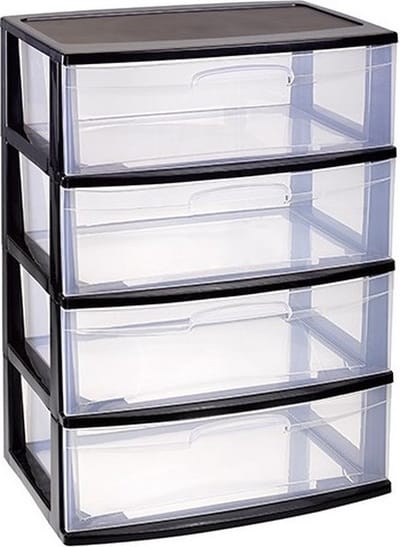 PlasticForte Ladeblok - 4 lades - zwart/transparant - 40 x 56 x 80 cm - kunststof - organizer