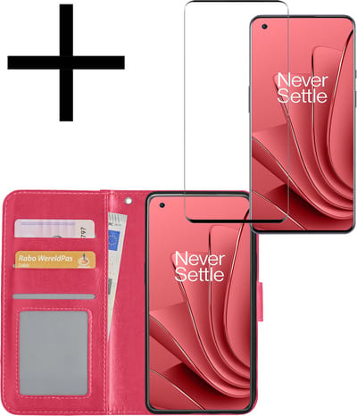 Hoesje - Met Screenprotector - Geschikt voor OnePlus 10 Pro - Luxe Pasjeshouder - Bookcase Portemonee - Flip Case - Kunstleer Book Case - Flipcase - Book Cover - Walletcase - Portemonneehoes - Donkerroze