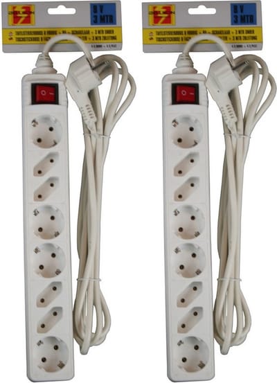 Benson stekkerdoos - 2x stuks - 8-voudig - wit - 3m - 4 platte en 4 ronde stekkers - randaarde en schakelaar