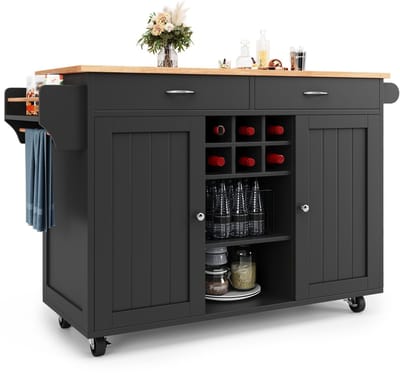 Keukeneiland op wielen - Multifunctionele serveerwagen met wijnrek - Praktische opbergruimte met kast - Voor keuken en eetkamer - Zwart MDF en metaal
